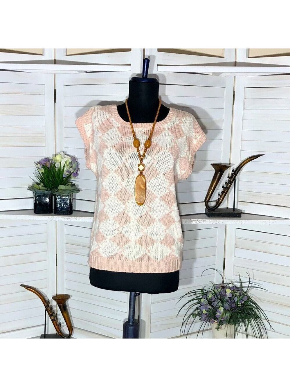 Vintage 90s knit pink Top cottage preppy academy cotton fishermen coastal boho M